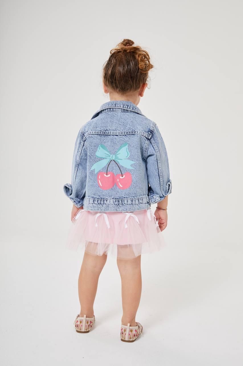 Kız çocuk kirazlı denim ceket