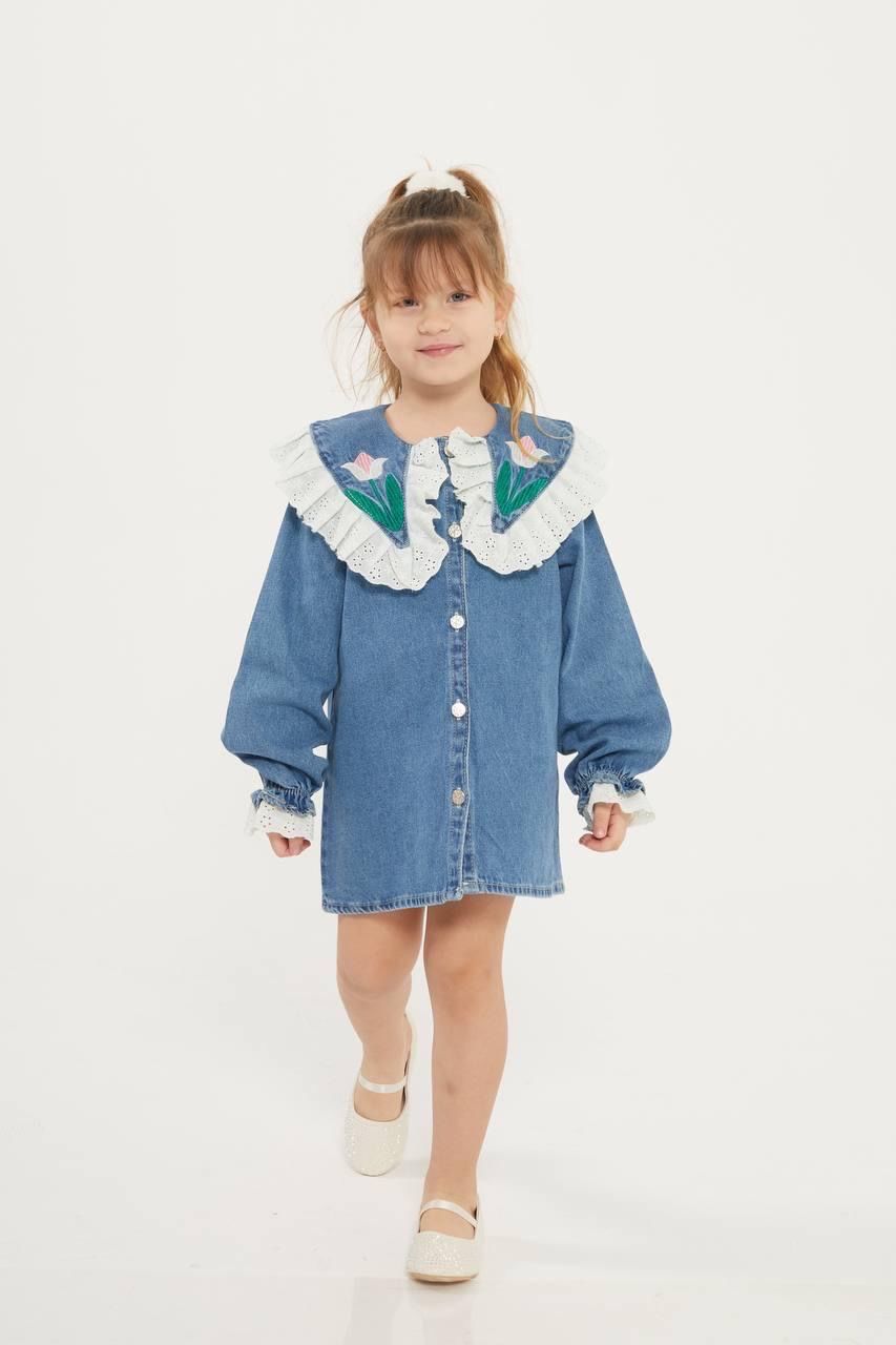 Yaka detaylı kız çocuk denim elbise