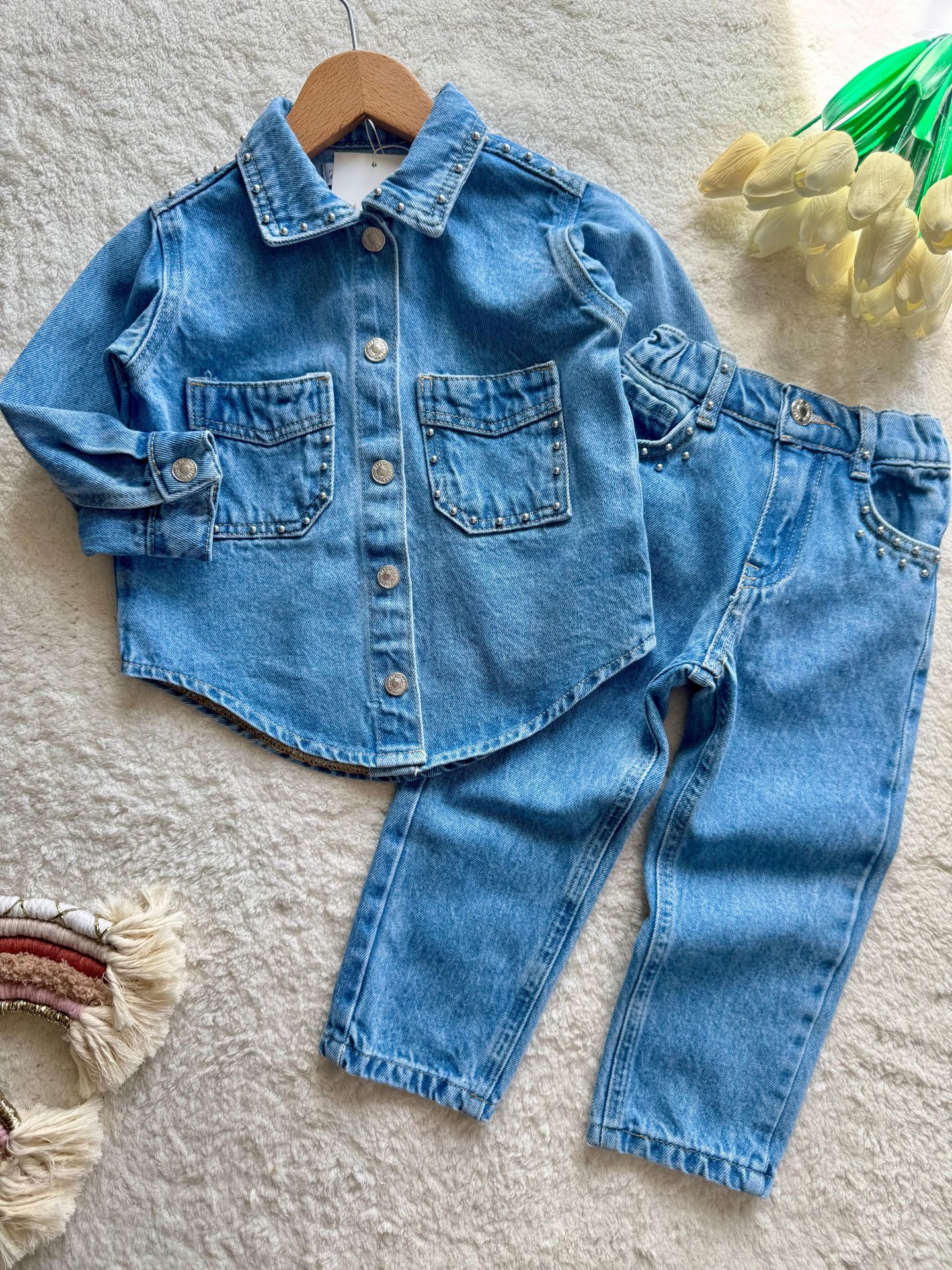 Kız çocuk zımbalı denim 2li takım