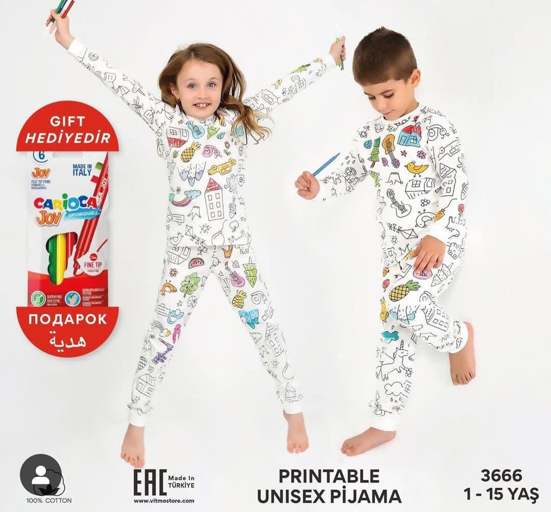 Eğitici ve boya kalemi hediyeli %100 pamuklu pijama takımı