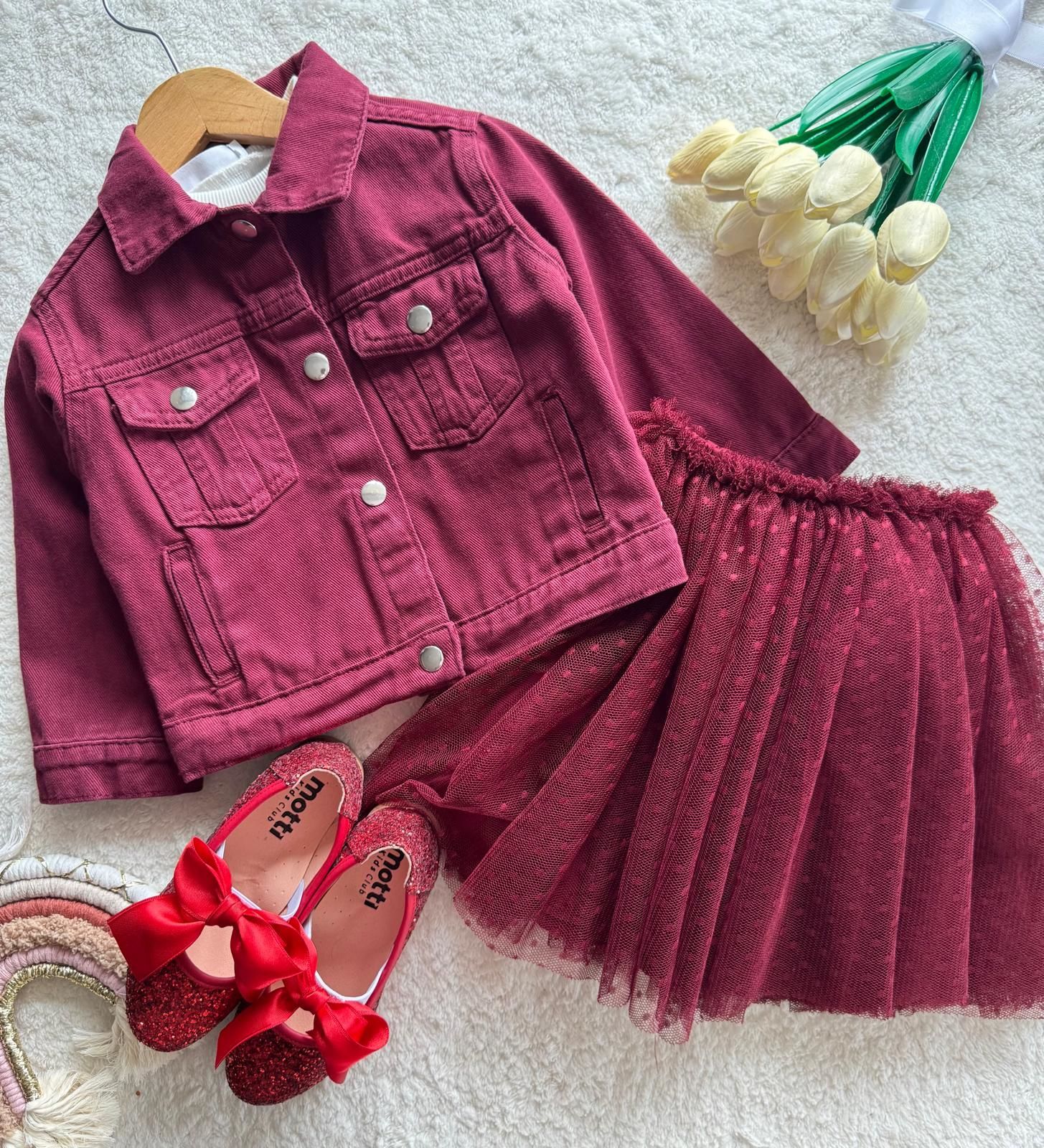 Kız çocuk tütü etekli ve denim ceketli 3lü set