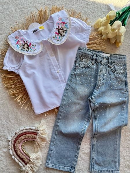 Kız çocuk taşlı denim jean