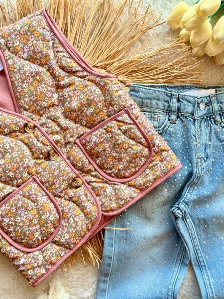 Kız çocuk taşlı denim jean
