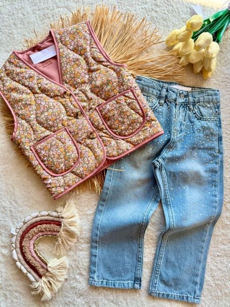 Kız çocuk taşlı denim jean