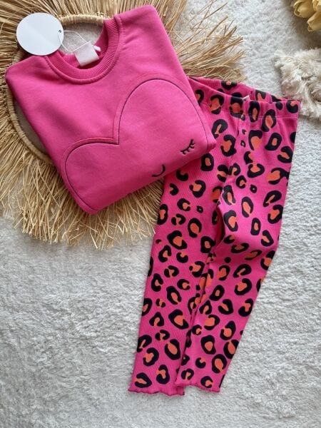 3iplik kumaş kız çocuk kışlık leopar taytlı takım