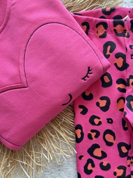 3iplik kumaş kız çocuk kışlık leopar taytlı takım