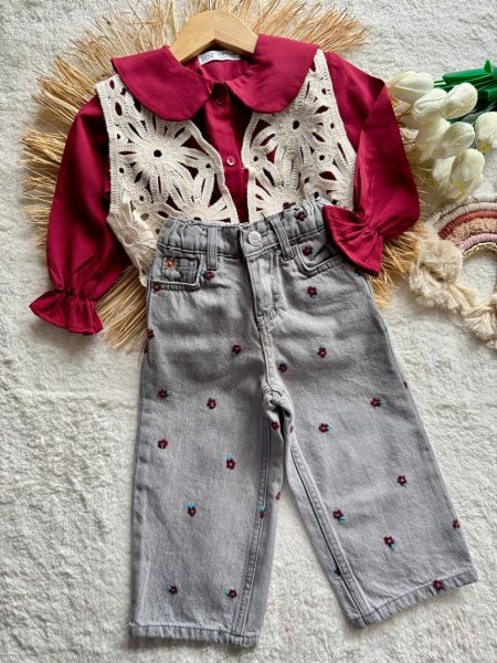 Kız çocuk çiçek nakışlı jean