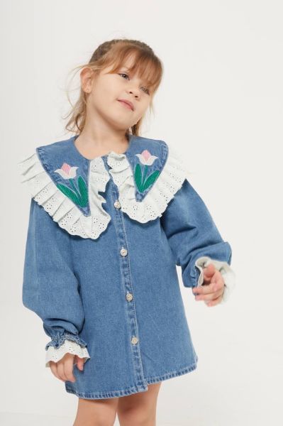 Yaka detaylı kız çocuk denim elbise