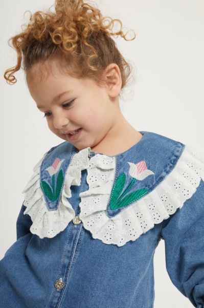 Yaka detaylı kız çocuk denim elbise