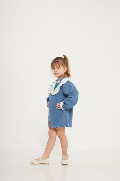 Yaka detaylı kız çocuk denim elbise