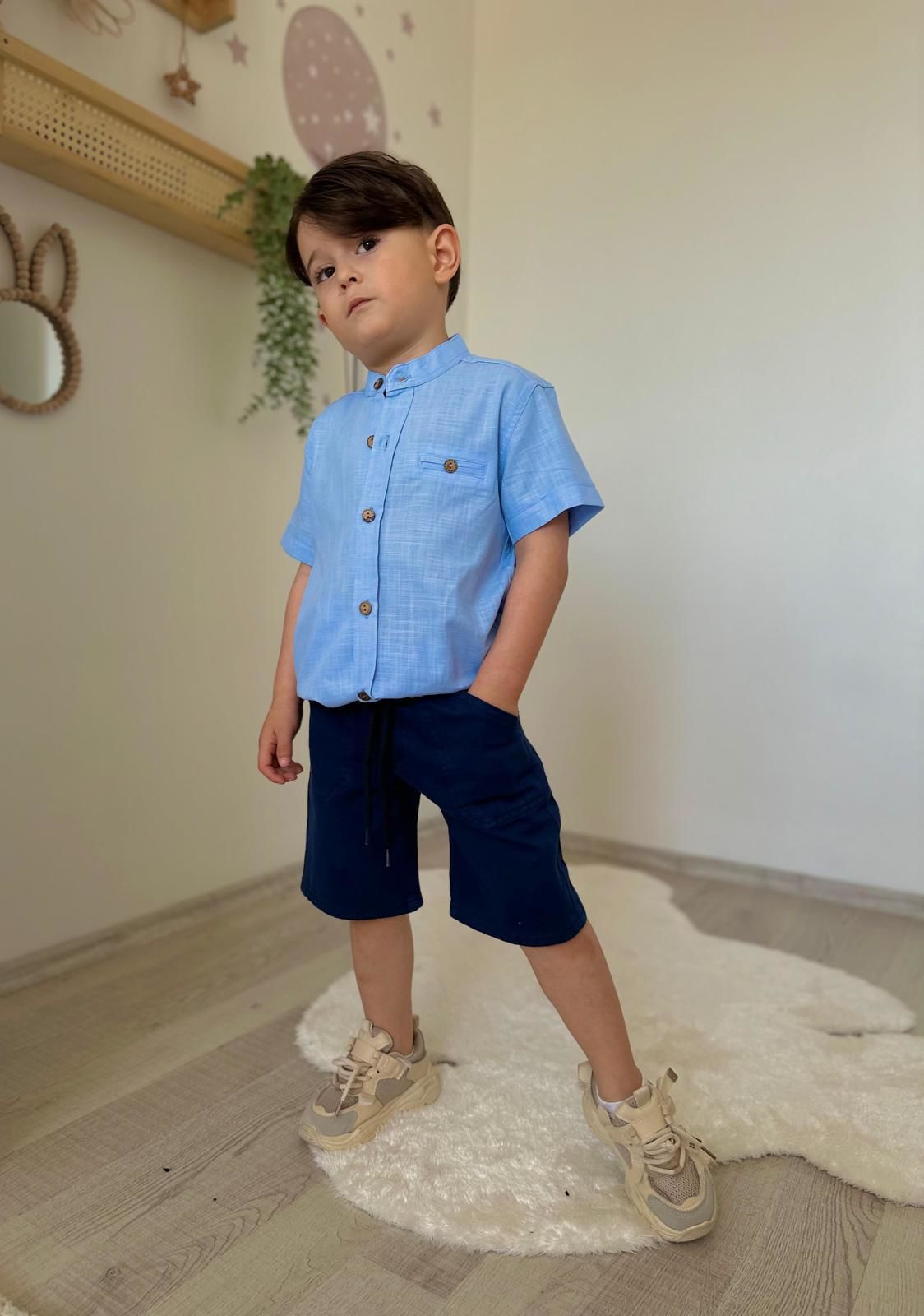 Erkek çocuk yazlık denim şort keten gömlek takım
