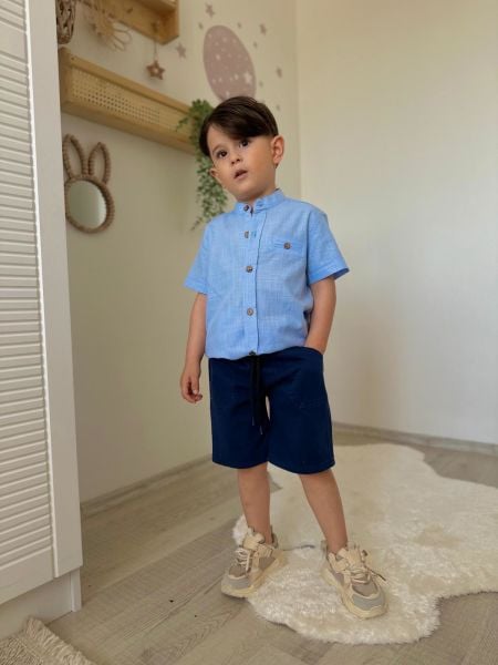 Erkek çocuk yazlık denim şort keten gömlek takım