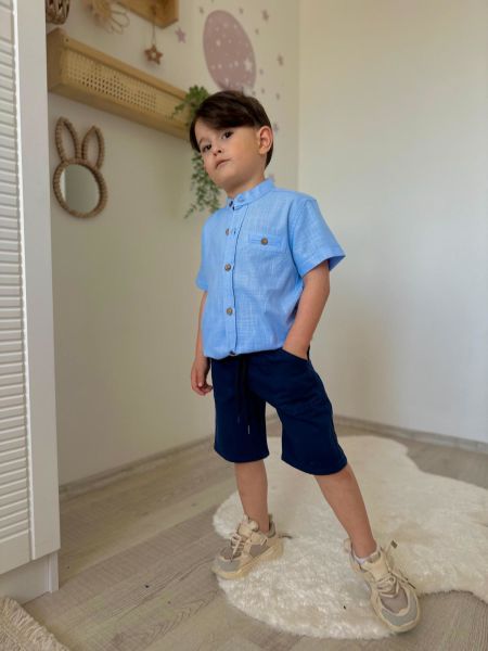 Erkek çocuk yazlık denim şort keten gömlek takım