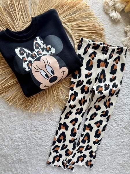 3 iplik kumaş kız çocuk taytlı kışlık takım(minnie-leopar)