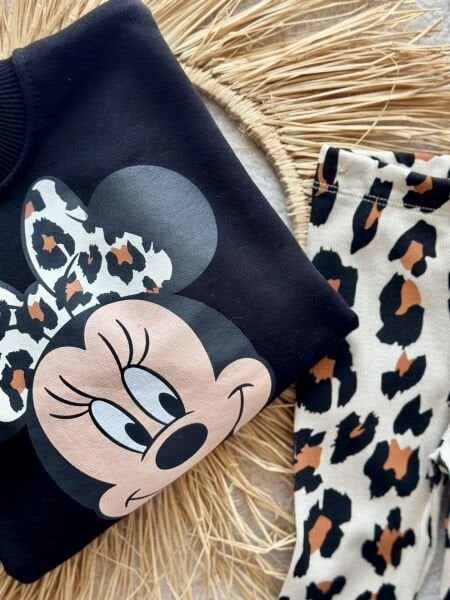 3 iplik kumaş kız çocuk taytlı kışlık takım(minnie-leopar)