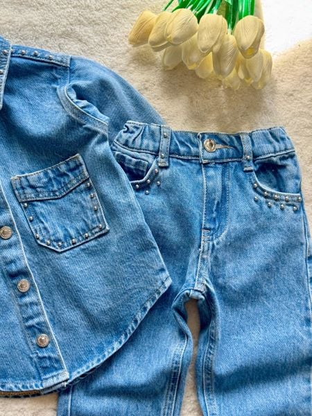 Kız çocuk zımbalı denim 2li takım