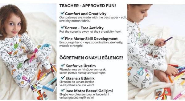Eğitici ve boya kalemi hediyeli %100 pamuklu pijama takımı