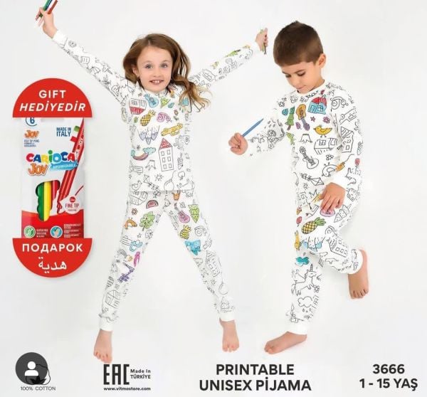 Eğitici ve boya kalemi hediyeli %100 pamuklu pijama takımı