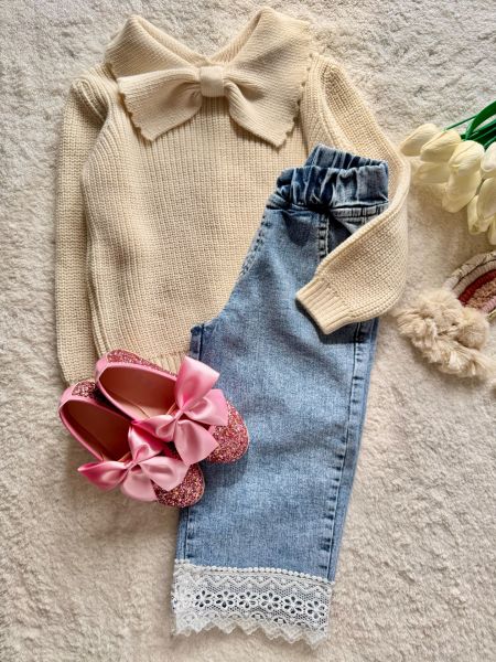 Kız çocuk dantelli jean