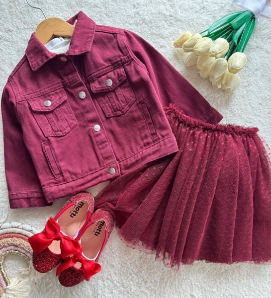Kız çocuk tütü etekli ve denim ceketli 3lü set