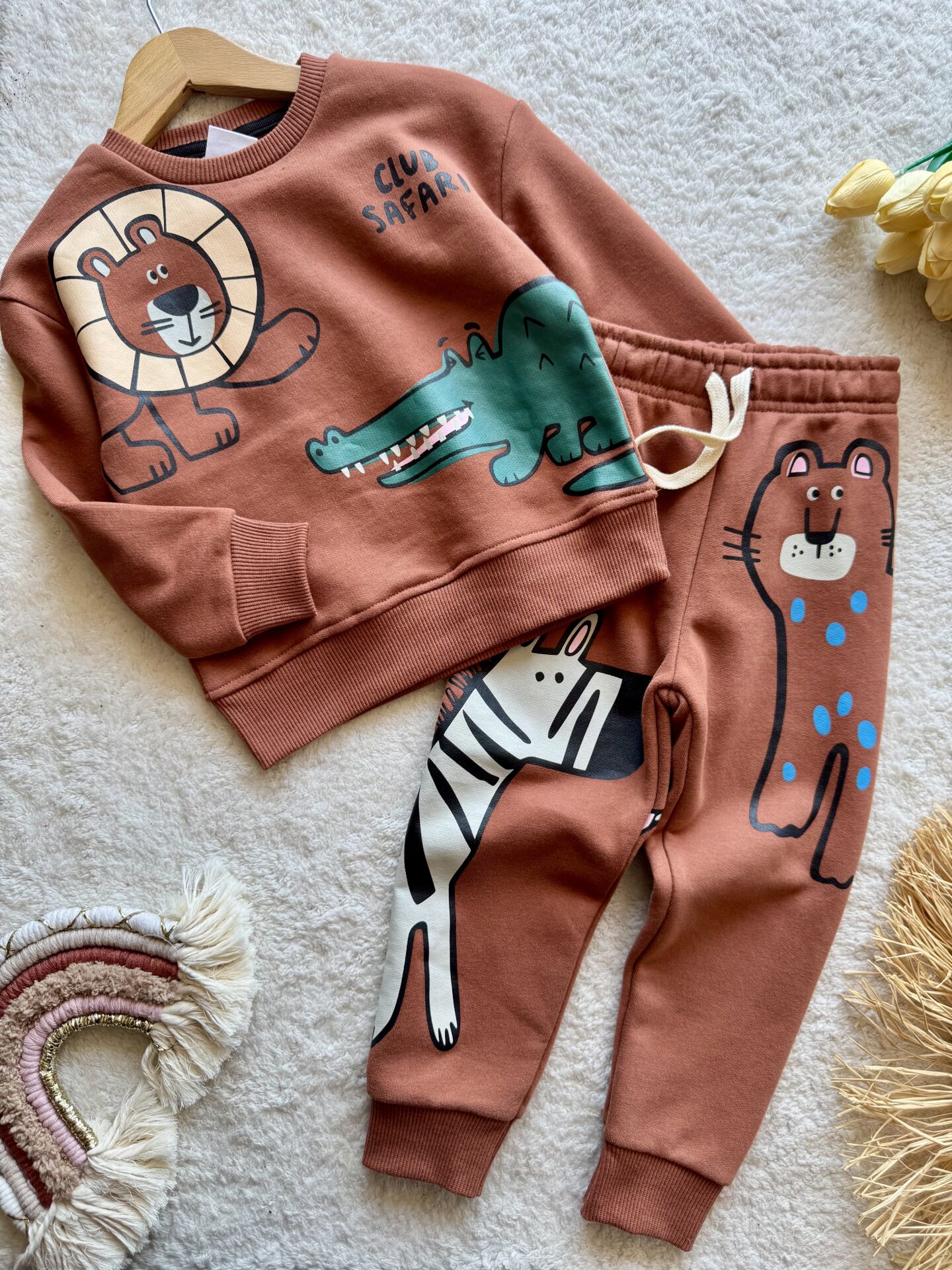 3 iplik kumaş kışlık erkek çocuk animal printed takım LUC