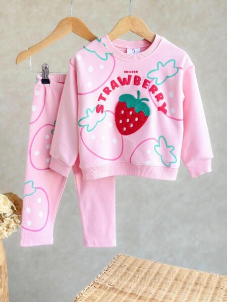 3 iplik kumaş kız çocuk kışlık taytlı takım(strawberry)