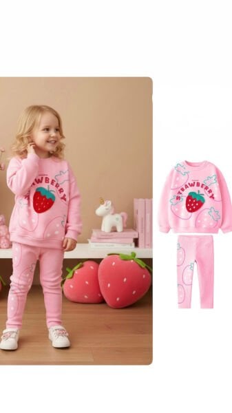 3 iplik kumaş kız çocuk kışlık taytlı takım(strawberry)
