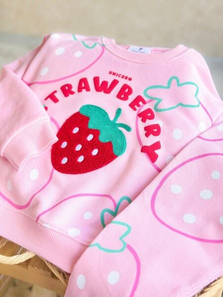 3 iplik kumaş kız çocuk kışlık taytlı takım(strawberry)