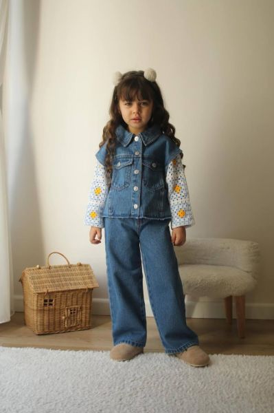 Örgü detaylı kız çocuk denim takım jelly