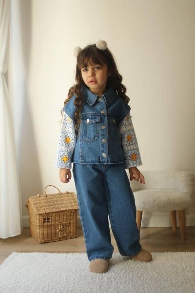 Örgü detaylı kız çocuk denim takım jelly