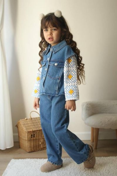 Örgü detaylı kız çocuk denim takım jelly